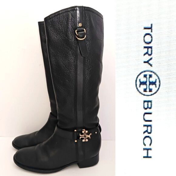 Tory Burch ELINA Tall Riding Boots Blk Pebbled Leather Gold Logo Flat Heel 8M - Picture 1 of 15